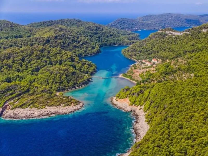 Cảnh nhìn từ trên cao Mljet với rừng xanh rậm rạp bao quanh 