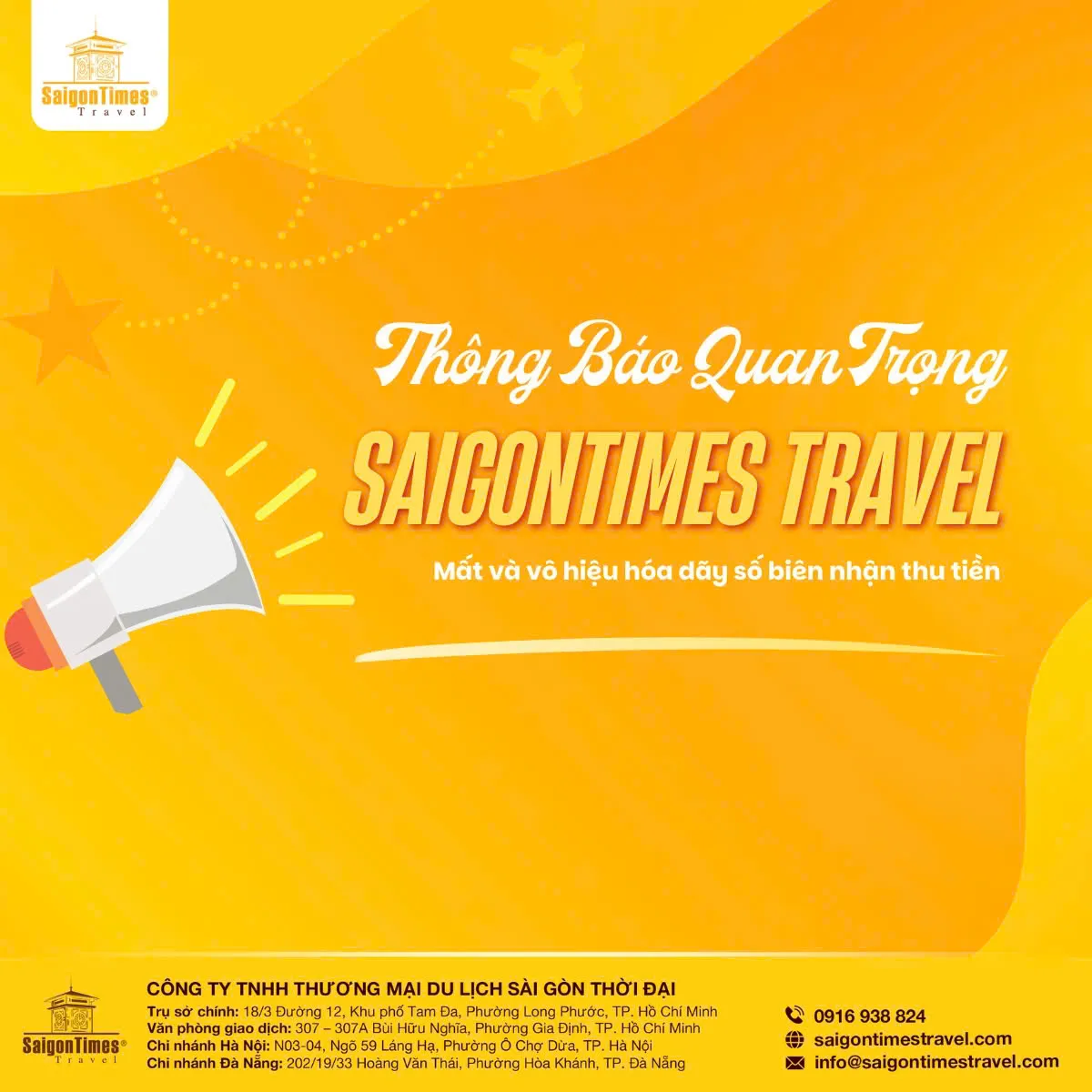 Thông báo quan trọng từ Saigontimes Travels về biên nhận thu tiền